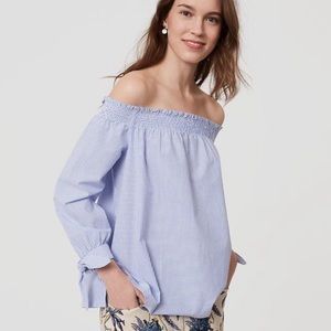 LOFT Blue and White Striped Off the Shoulder Shirt